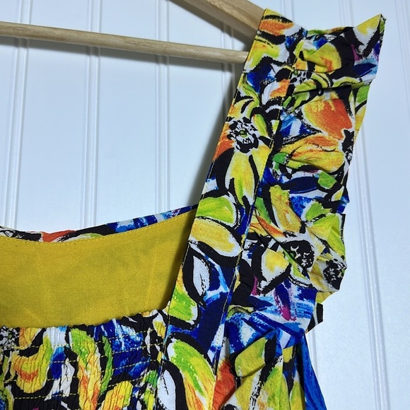 Skies are Blue Curvy, Size 1X floral Midi  dress, lined smoked Back ruffle trim - Picture 10 of 13